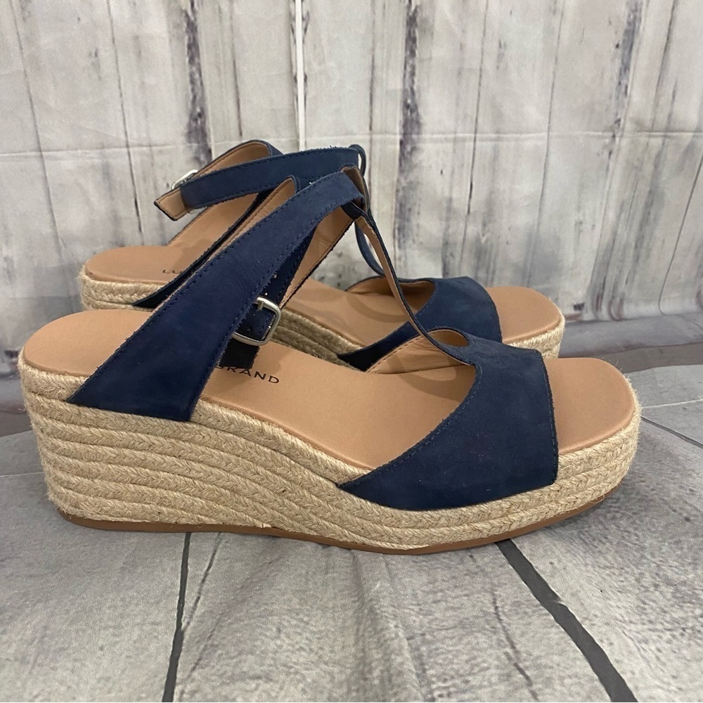 Lucky Brand Size 8.5 M Blue Suede Ankle Strap Espadrille Wedge Sandals Jute NEW - Picture 1 of 10